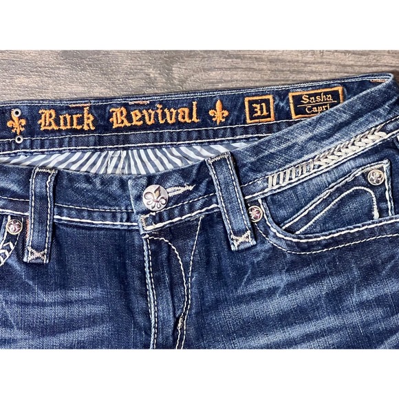 Rock Revival Sasha Capri Jeans Size 31 Bling Flap Pocket Stretch Boho Chic Style - Picture 4 of 11